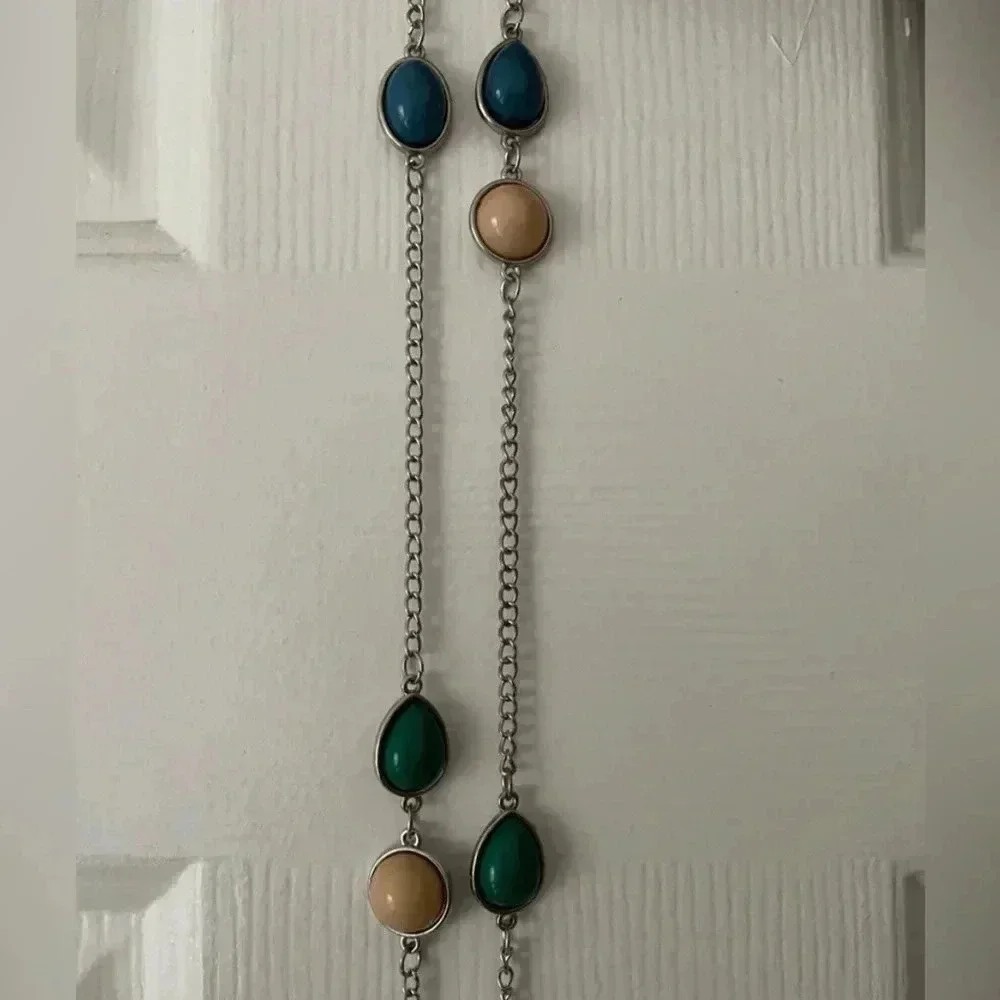Women’s Silver Necklace with Blue,‎ Green, and Cream Pebble Details